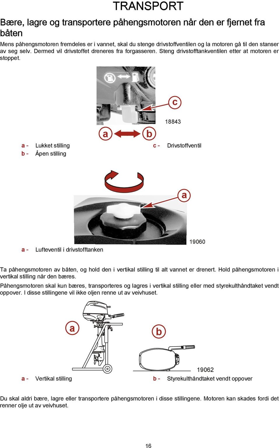c 18843 b - Lukket stilling c - Drivstoffventil b - Åpen stilling - Lufteventil i drivstofftnken 19060 T påhengsmotoren v båten, og hold den i vertikl stilling til lt vnnet er drenert.