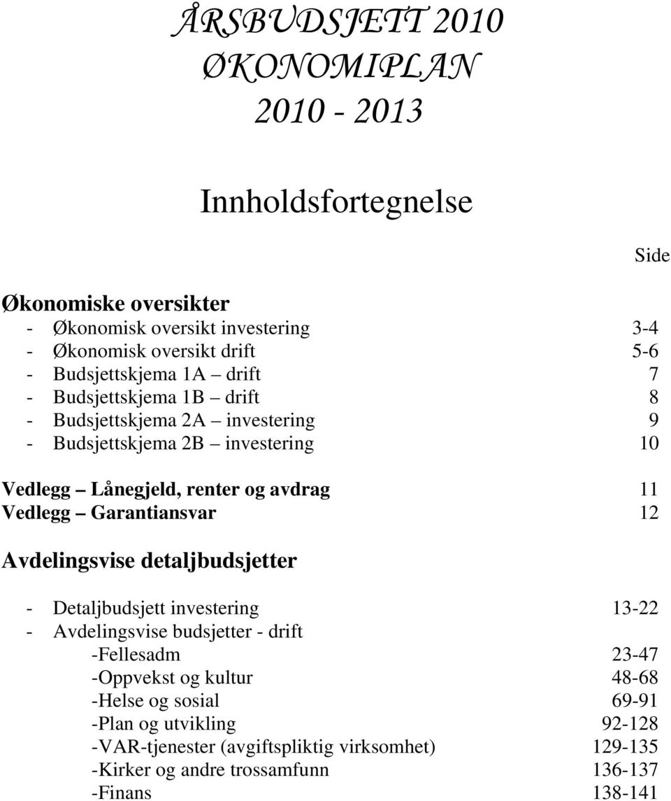 11 Vedlegg Garantiansvar 12 Avdelingsvise detaljbudsjetter - Detaljbudsjett investering 13-22 - Avdelingsvise budsjetter - drift -Fellesadm 23-47 -Oppvekst og