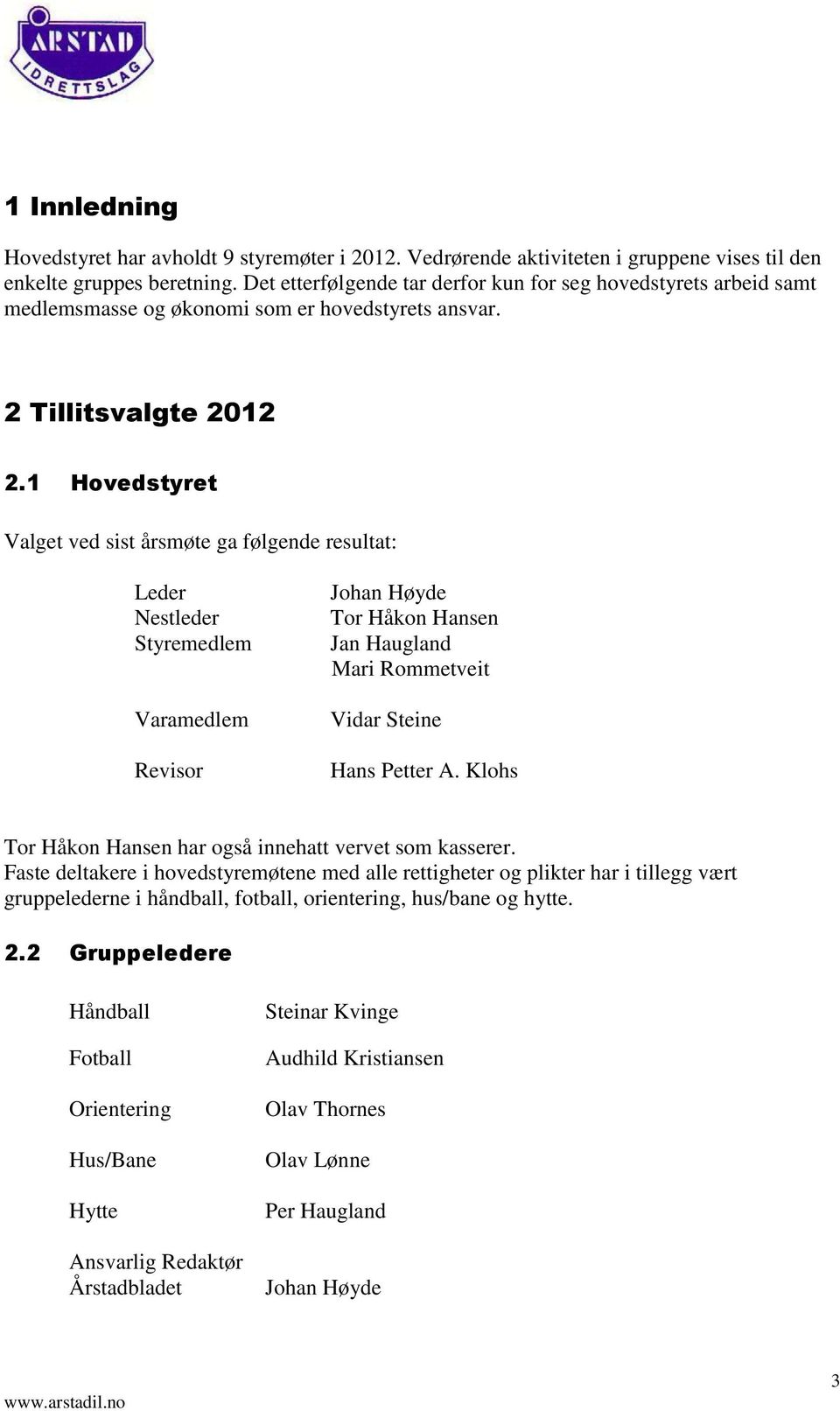 1 Hovedstyret Valget ved sist årsmøte ga følgende resultat: Leder Nestleder Styremedlem Varamedlem Revisor Johan Høyde Tor Håkon Hansen Jan Haugland Mari Rommetveit Vidar Steine Hans Petter A.