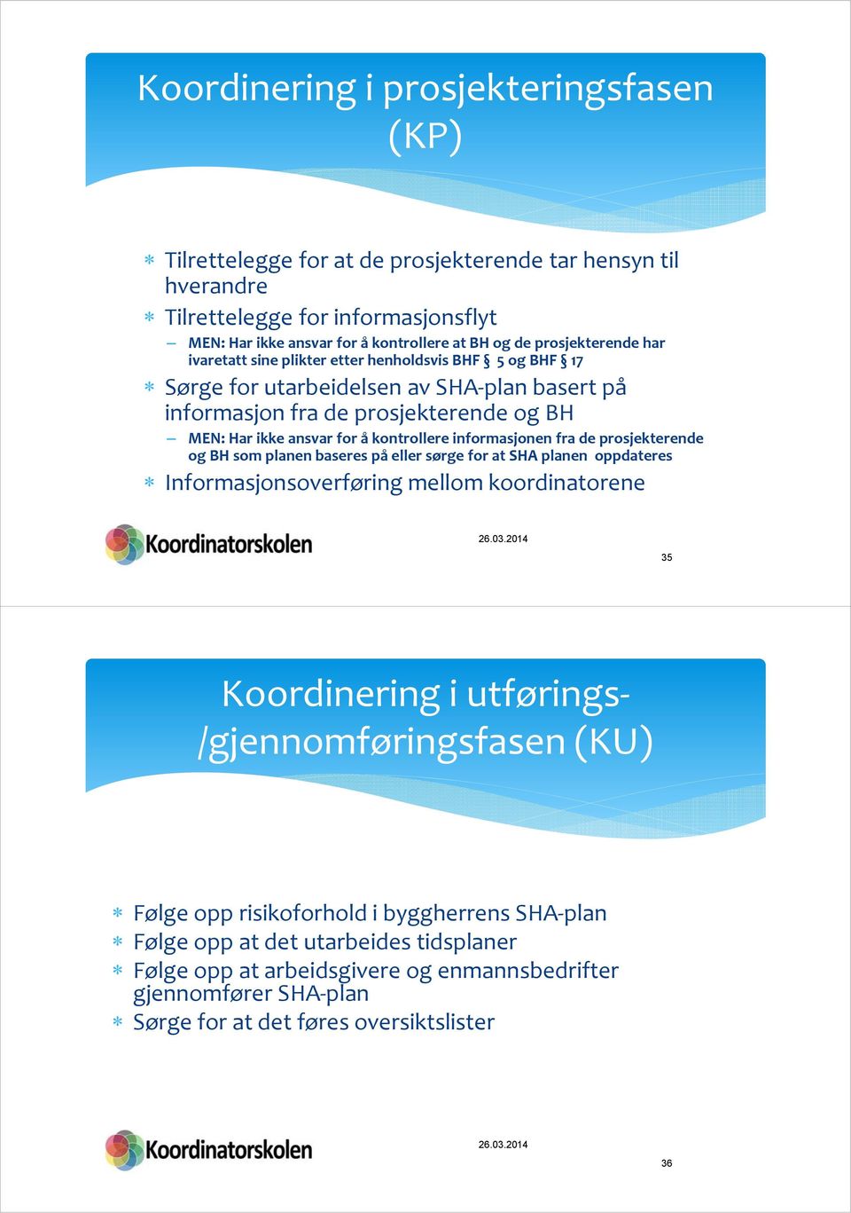 kontrollere informasjonen fra de prosjekterende og BH som planen baseres på eller sørge for at SHA planen oppdateres Informasjonsoverføring mellom koordinatorene 26.03.