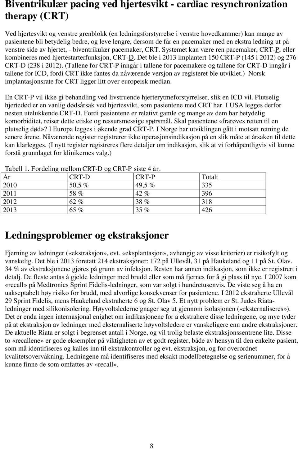 Systemet kan være ren pacemaker, CRT-P, eller kombineres med hjertestarterfunksjon, CRT-D. Det ble i 2013 implantert 150 CRT-P (145 i 2012) og 276 CRT-D (238 i 2012).