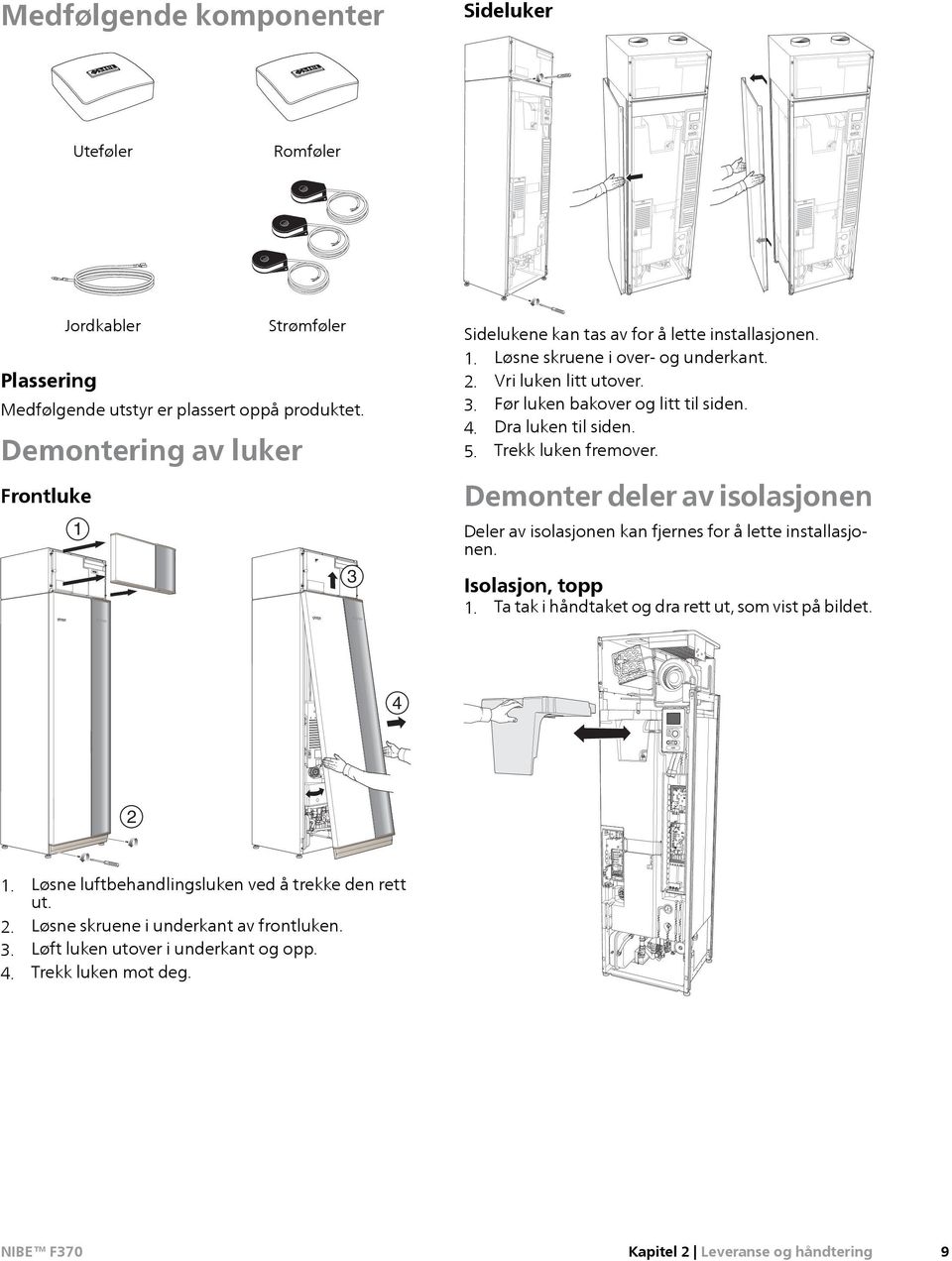 Dra luken til siden. 5. Trekk luken fremover. Demonter deler av isolasjonen Deler av isolasjonen kan fjernes for å lette installasjonen. Isolasjon, topp 1.