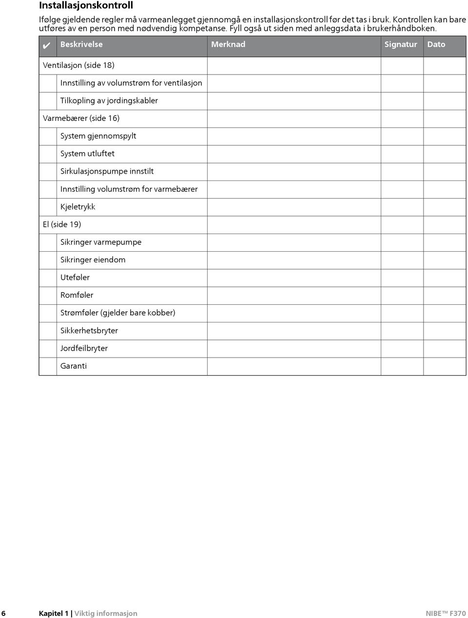 Beskrivelse Merknad Signatur Dato Ventilasjon (side 18) Innstilling av volumstrøm for ventilasjon Tilkopling av jordingskabler Varmebærer (side 16) System gjennomspylt