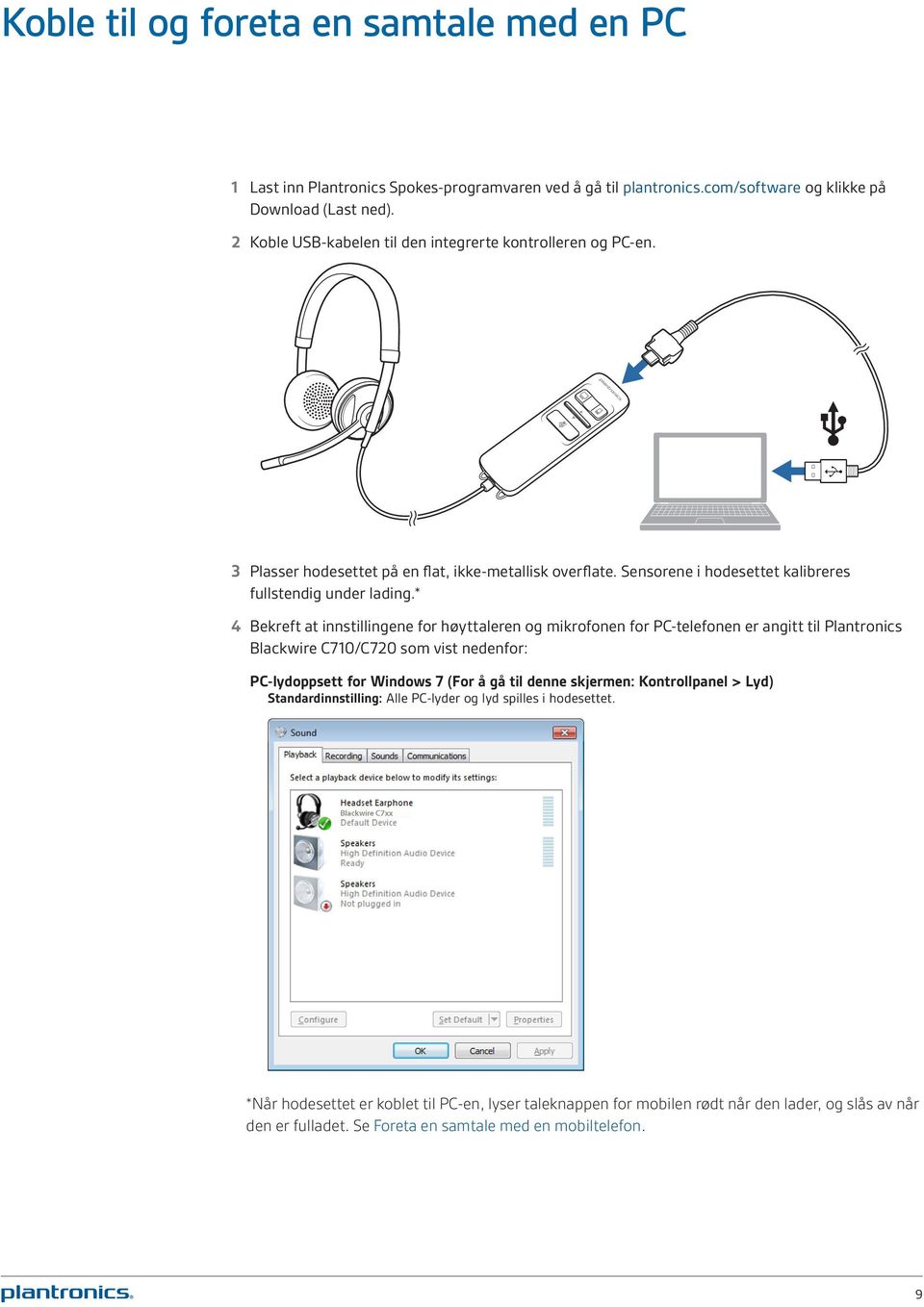 * 4 Bekreft at innstillingene for høyttaleren og mikrofonen for PC-telefonen er angitt til Plantronics Blackwire C710/C720 som vist nedenfor: PC-lydoppsett for Windows 7 (For å gå til denne
