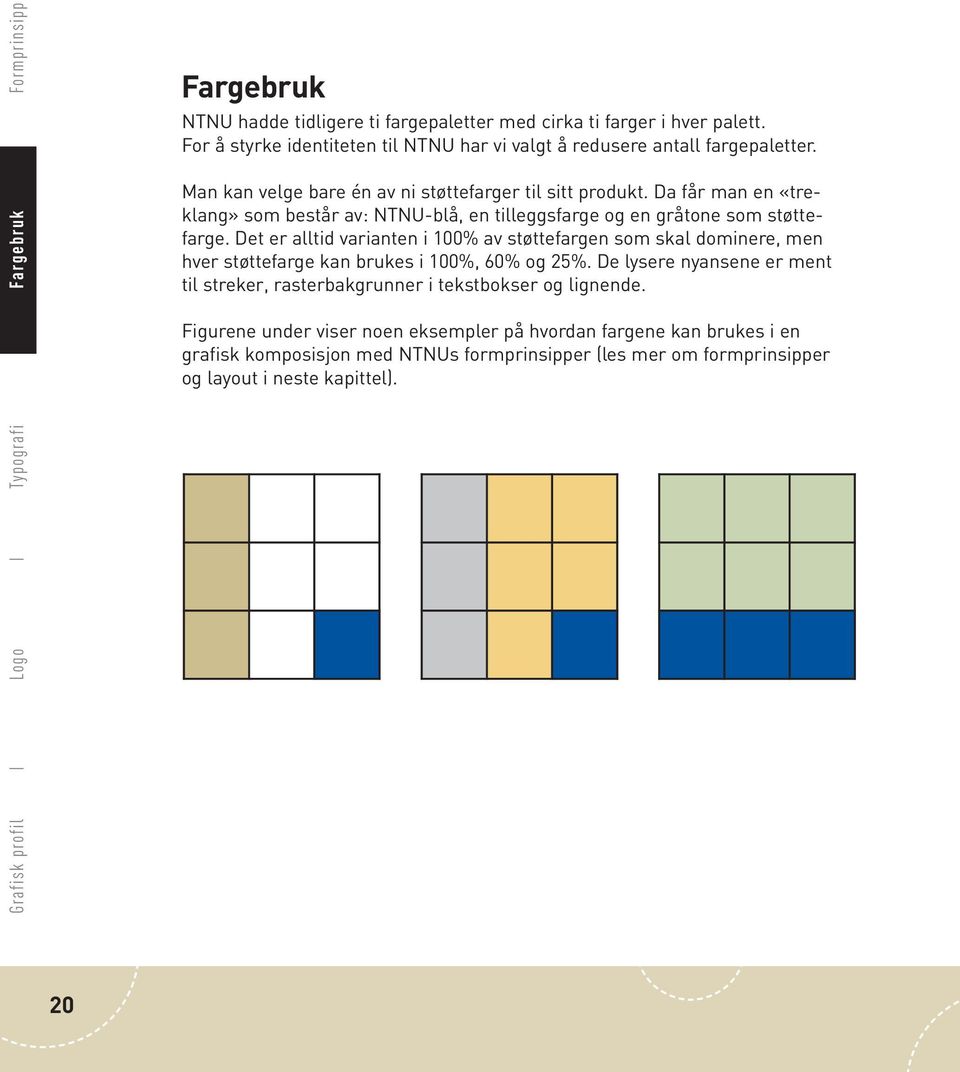 Da får man en «treklang» som består av: NTNU-blå, en tilleggsfarge og en gråtone som støttefarge.