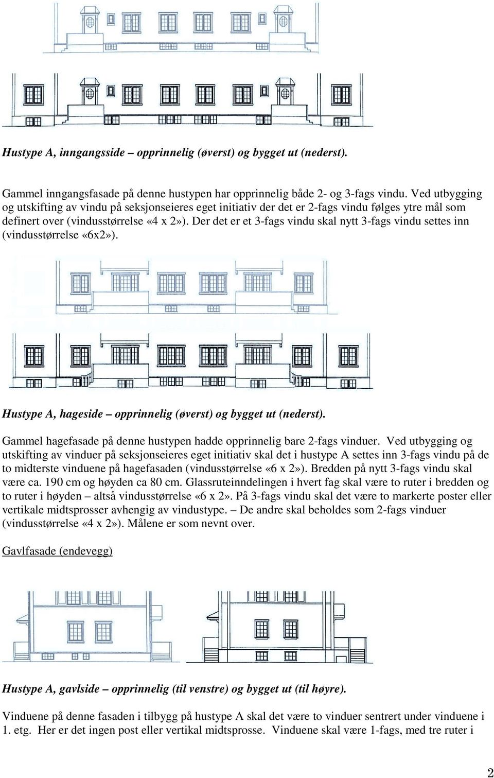 Der det er et 3-fags vindu skal nytt 3-fags vindu settes inn (vindusstørrelse «6x2»). Hustype A, hageside opprinnelig (øverst) og bygget ut (nederst).