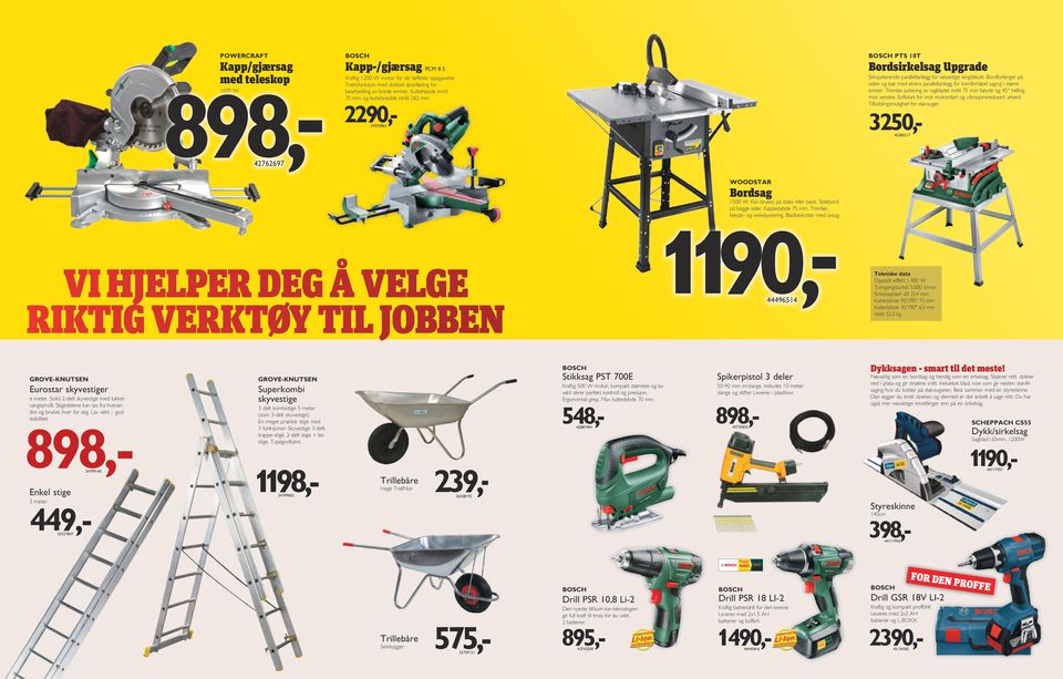 Bordforlenger på siden og bak med ekstra parallellanlegg for komfortabel saging i større emner. Trinnløs justering av sagbladet inntil 75 mm høyde og 45 helling mot venstre.