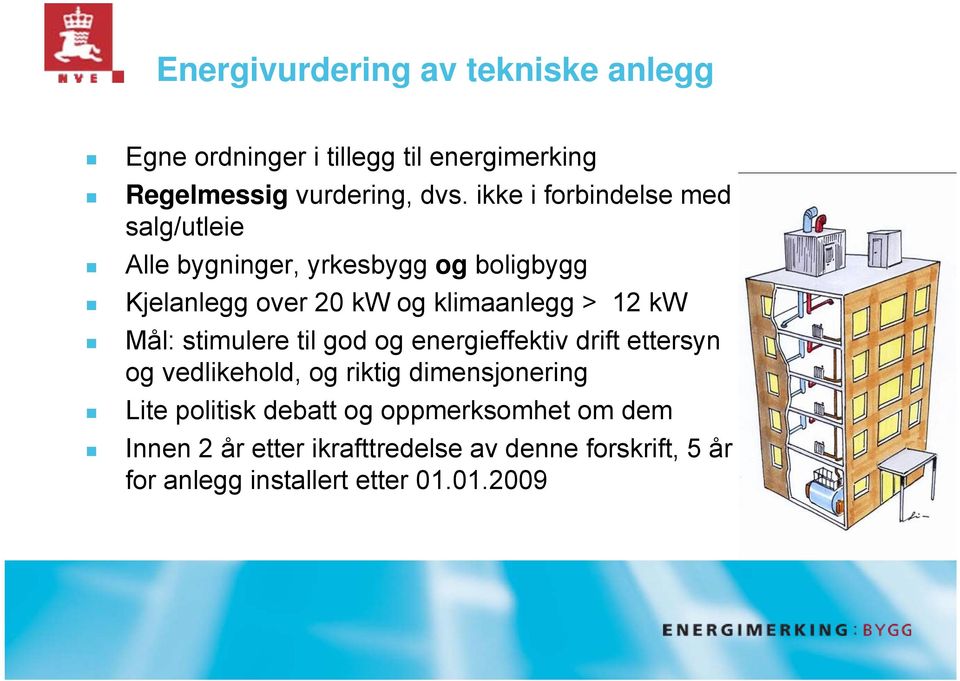 kw Mål: stimulere til god og energieffektiv drift ettersyn og vedlikehold, og riktig dimensjonering Lite politisk