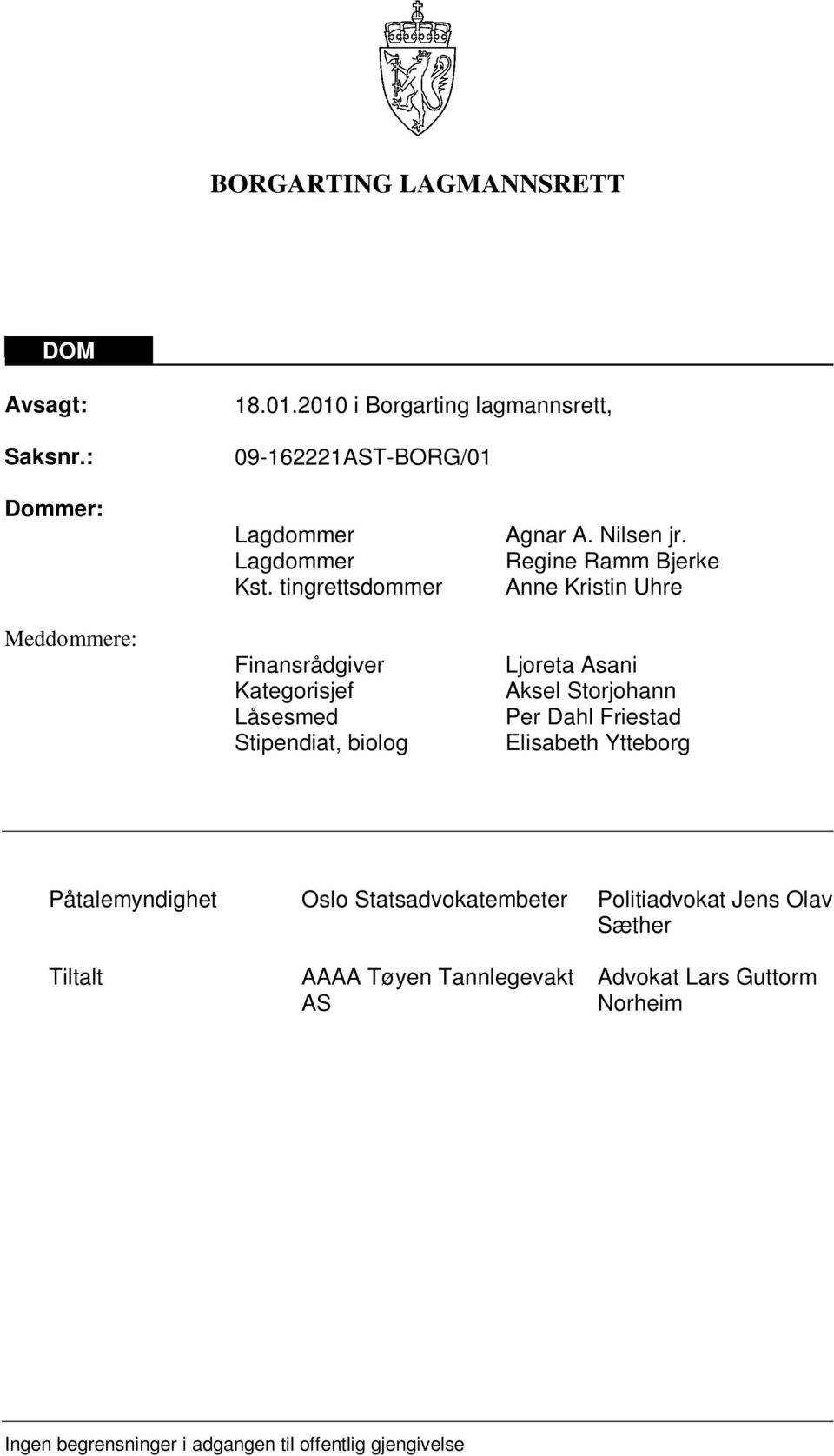 tingrettsdommer Finansrådgiver Kategorisjef Låsesmed Stipendiat, biolog Agnar A. Nilsen jr.