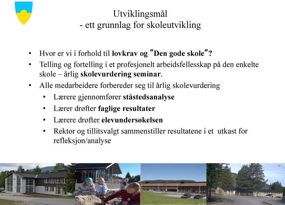 Alle medarbeidere forbereder seg til årlig skolevurdering Lærere gjennomfører ståstedsanalyse Lærer drøfter