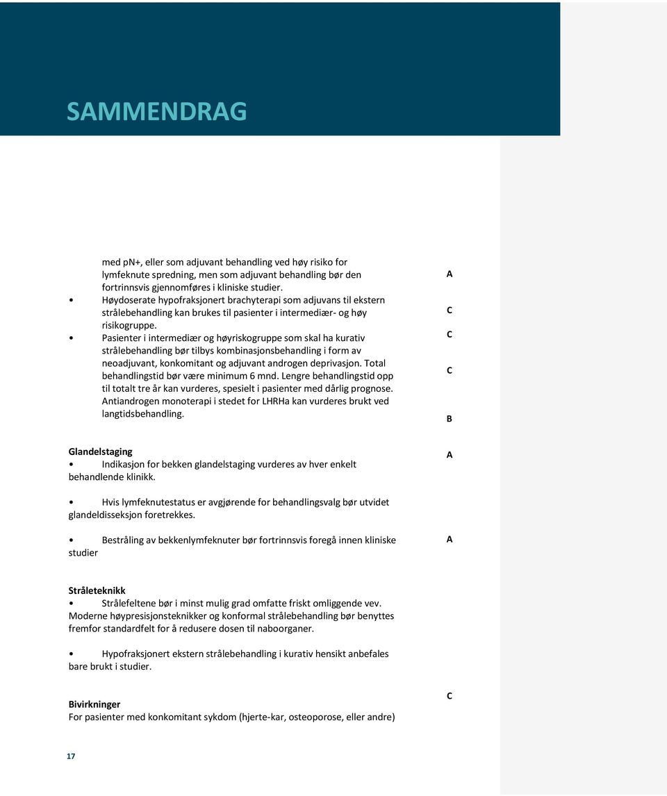 Pasienter i intermediær og høyriskogruppe som skal ha kurativ strålebehandling bør tilbys kombinasjonsbehandling i form av neoadjuvant, konkomitant og adjuvant androgen deprivasjon.