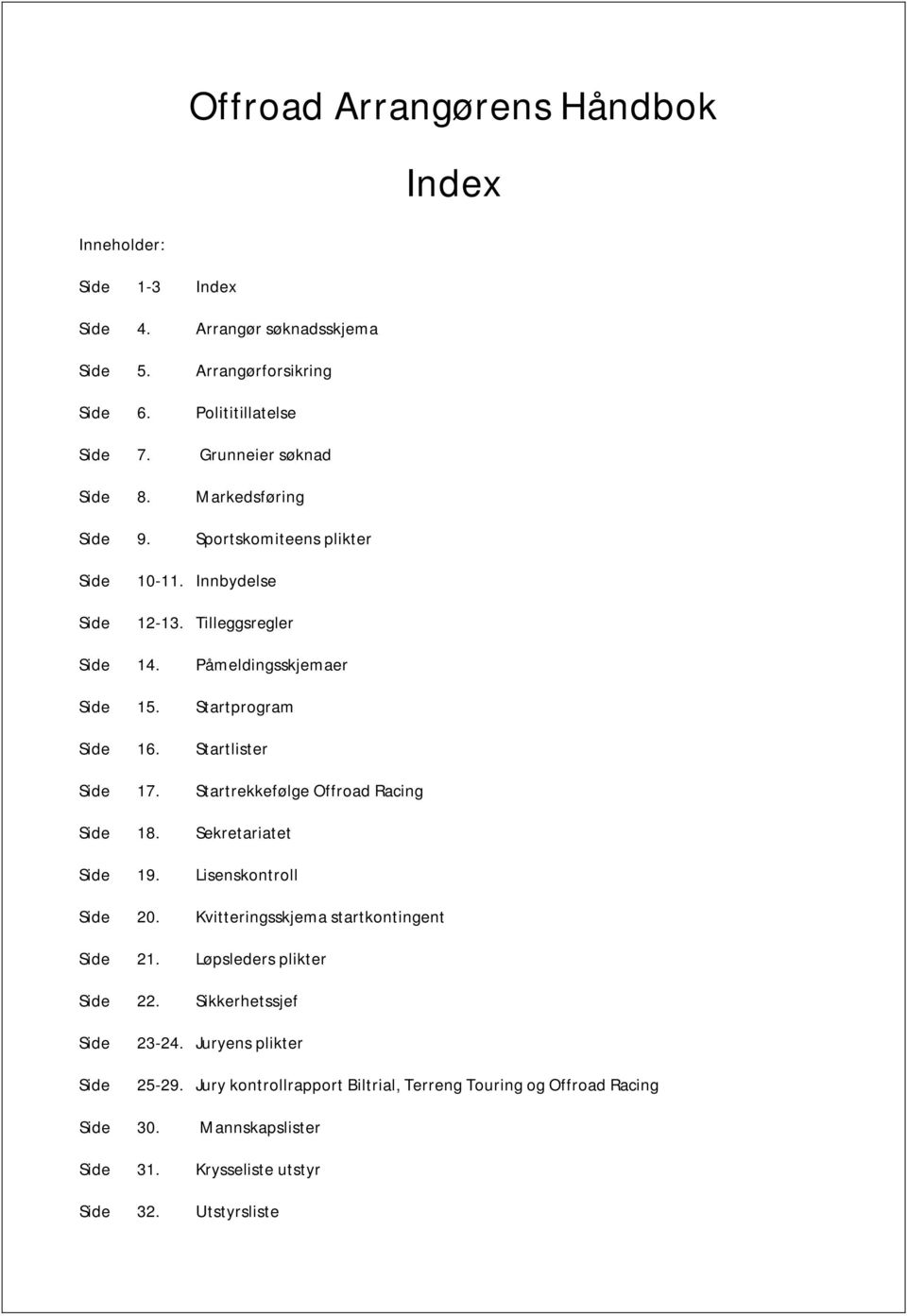 Startrekkefølge Offroad Racing Side 18. Sekretariatet Side 19. Lisenskontroll Side 2. Kvitteringsskjema startkontingent Side 21. Løpsleders plikter Side 22.