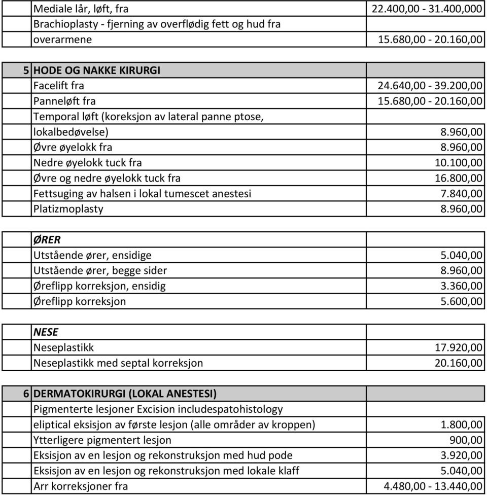 100,00 Øvre og nedre øyelokk tuck fra 16.800,00 Fettsuging av halsen i lokal tumescet anestesi 7.840,00 Platizmoplasty 8.960,00 ØRER Utstående ører, ensidige 5.040,00 Utstående ører, begge sider 8.