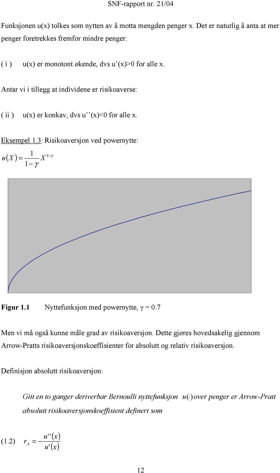 nar vi i illegg a individene er risikoaverse: ( ii u(x er konkav, dvs u (x<0 for alle x. Eksempel.3: Risikoaversjon ved powernye: u X γ ( X γ = Figur.