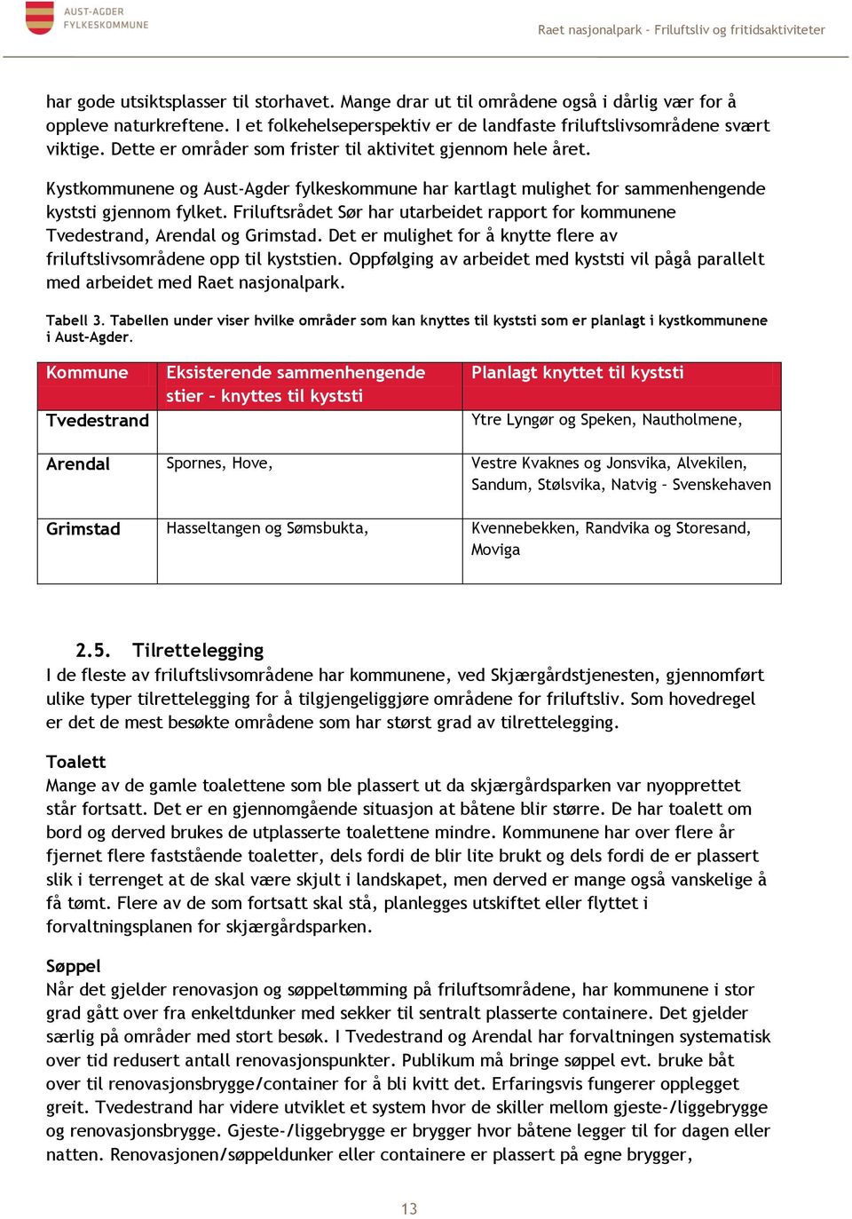 Friluftsrådet Sør har utarbeidet rapport for kommunene Tvedestrand, Arendal og Grimstad. Det er mulighet for å knytte flere av friluftslivsområdene opp til kyststien.