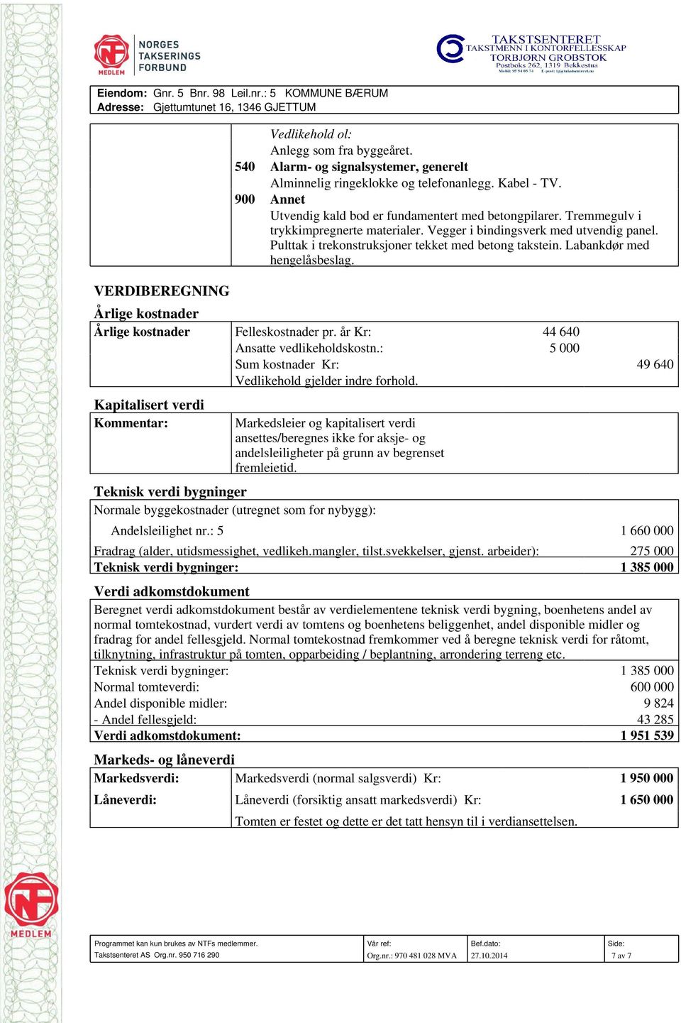 Vegger i bindingsverk med utvendig panel. Pulttak i trekonstruksjoner tekket med betong takstein. Labankdør med hengelåsbeslag. Årlige kostnader Årlige kostnader Felleskostnader pr.