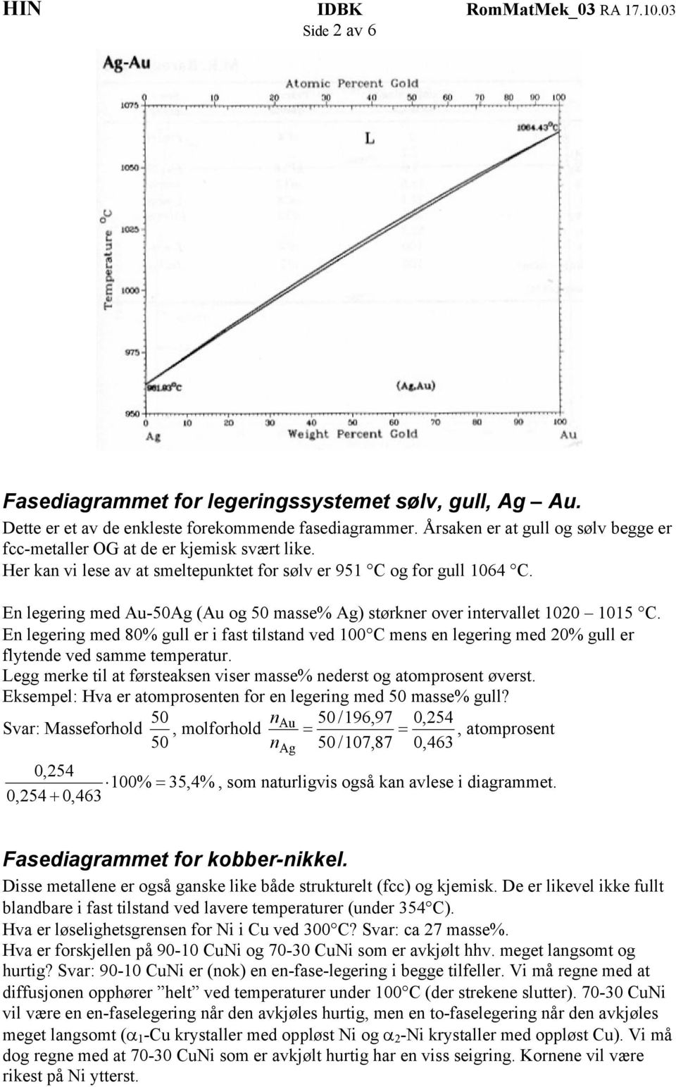 En legering med Au-50Ag (Au og 50 masse% Ag) størkner over intervallet 1020 1015 C.