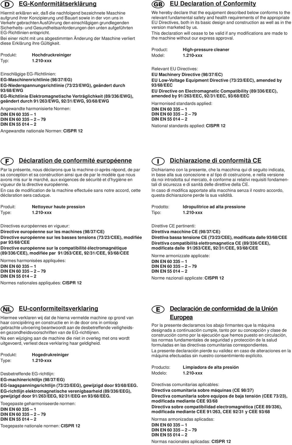 Bei einer nicht mit uns abgestimmten Änderung der Maschine verliert diese Erklärung ihre Gültigkeit.