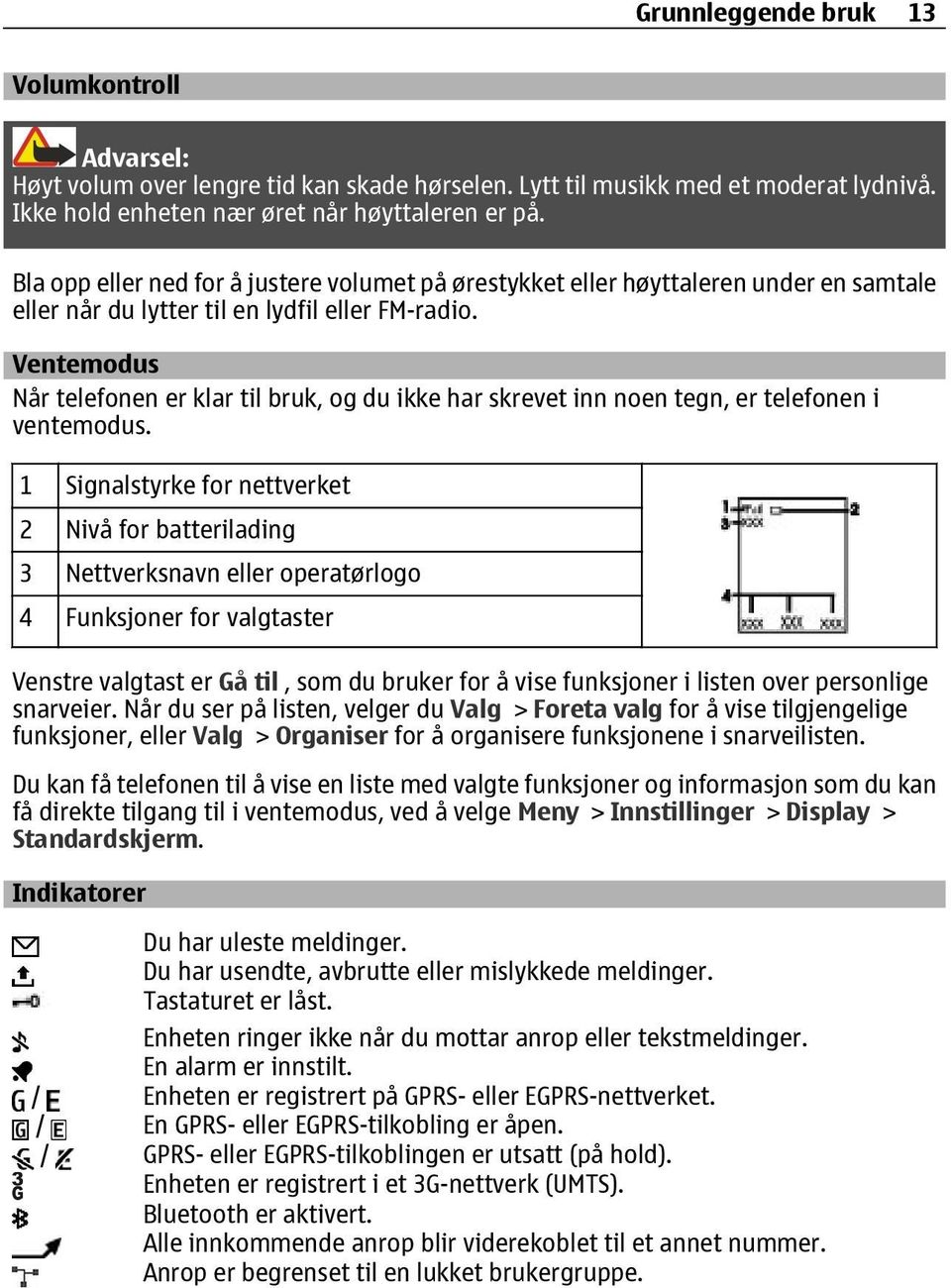 Ventemodus Når telefonen er klar til bruk, og du ikke har skrevet inn noen tegn, er telefonen i ventemodus.