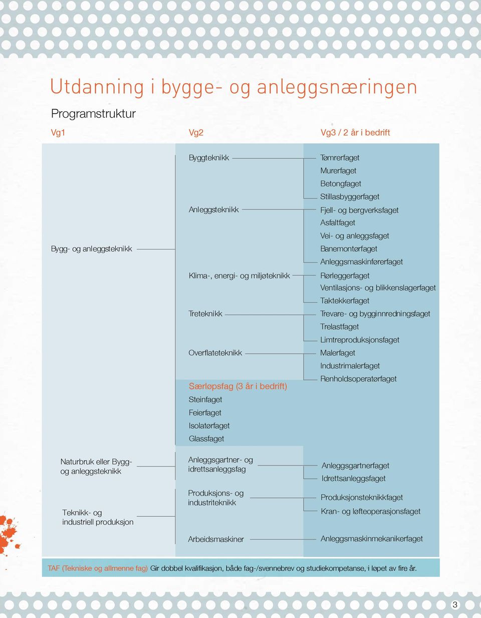 Arbeidsmaskiner Bygg- og anleggsteknikk Tømrerfaget Murerfaget Betongfaget Stillasbyggerfaget Fjell- og bergverksfaget Asfaltfaget Vei- og anleggsfaget Banemontørfaget Anleggsmaskinførerfaget