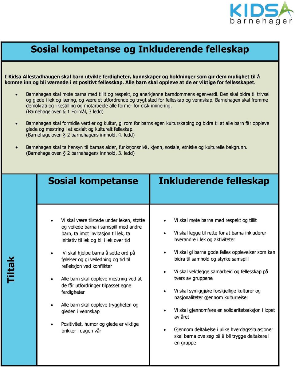 Den skal bidra til trivsel og glede i lek og læring, og være et utfordrende og trygt sted for felleskap og vennskap.