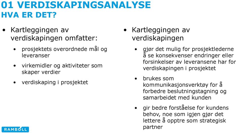 verdiskaping i prosjektet Kartleggingen av verdiskapingen gjør det mulig for prosjektlederne å se konsekvenser endringer eller