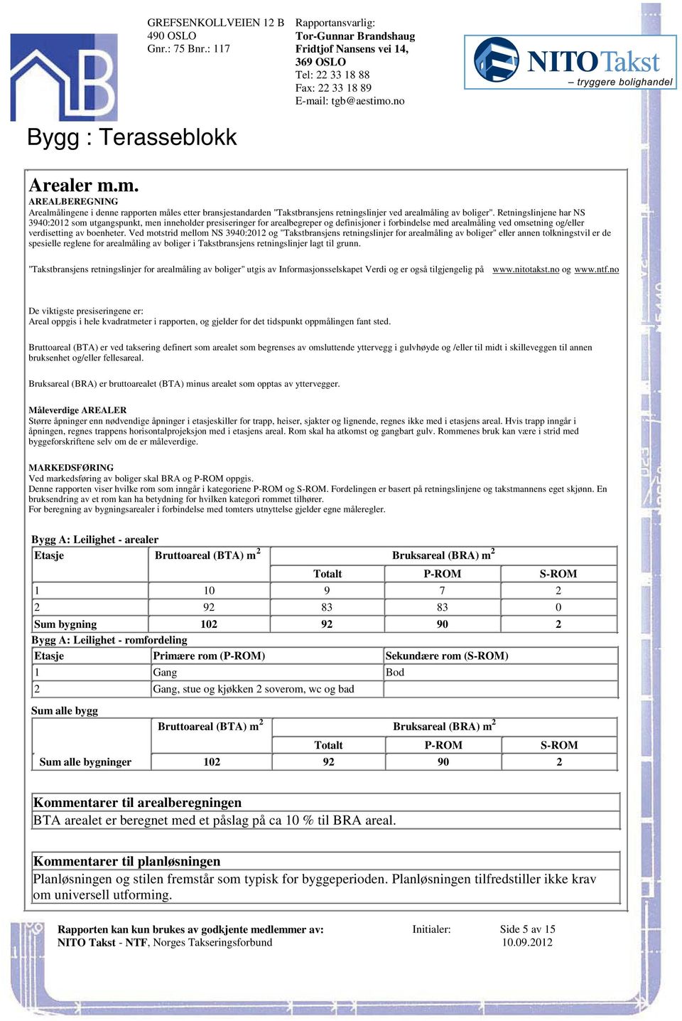 men inneholder presiseringer for arealbegreper og definisjoner i forbindelse med arealmåling ved omsetning og/eller verdisetting av boenheter Ved motstrid mellom NS 3940:2012 og "Takstbransjens