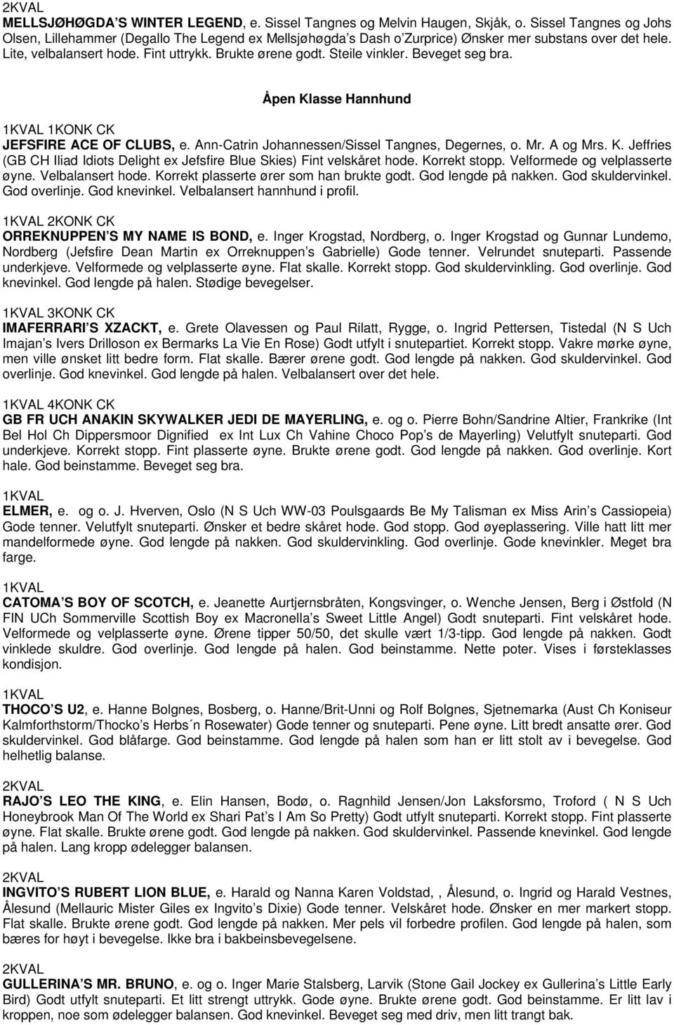 Steile vinkler. Beveget seg bra. Åpen Klasse Hannhund 1KONK CK JEFSFIRE ACE OF CLUBS, e. Ann-Catrin Johannessen/Sissel Tangnes, Degernes, o. Mr. A og Mrs. K. Jeffries (GB CH Iliad Idiots Delight ex Jefsfire Blue Skies) Fint velskåret hode.