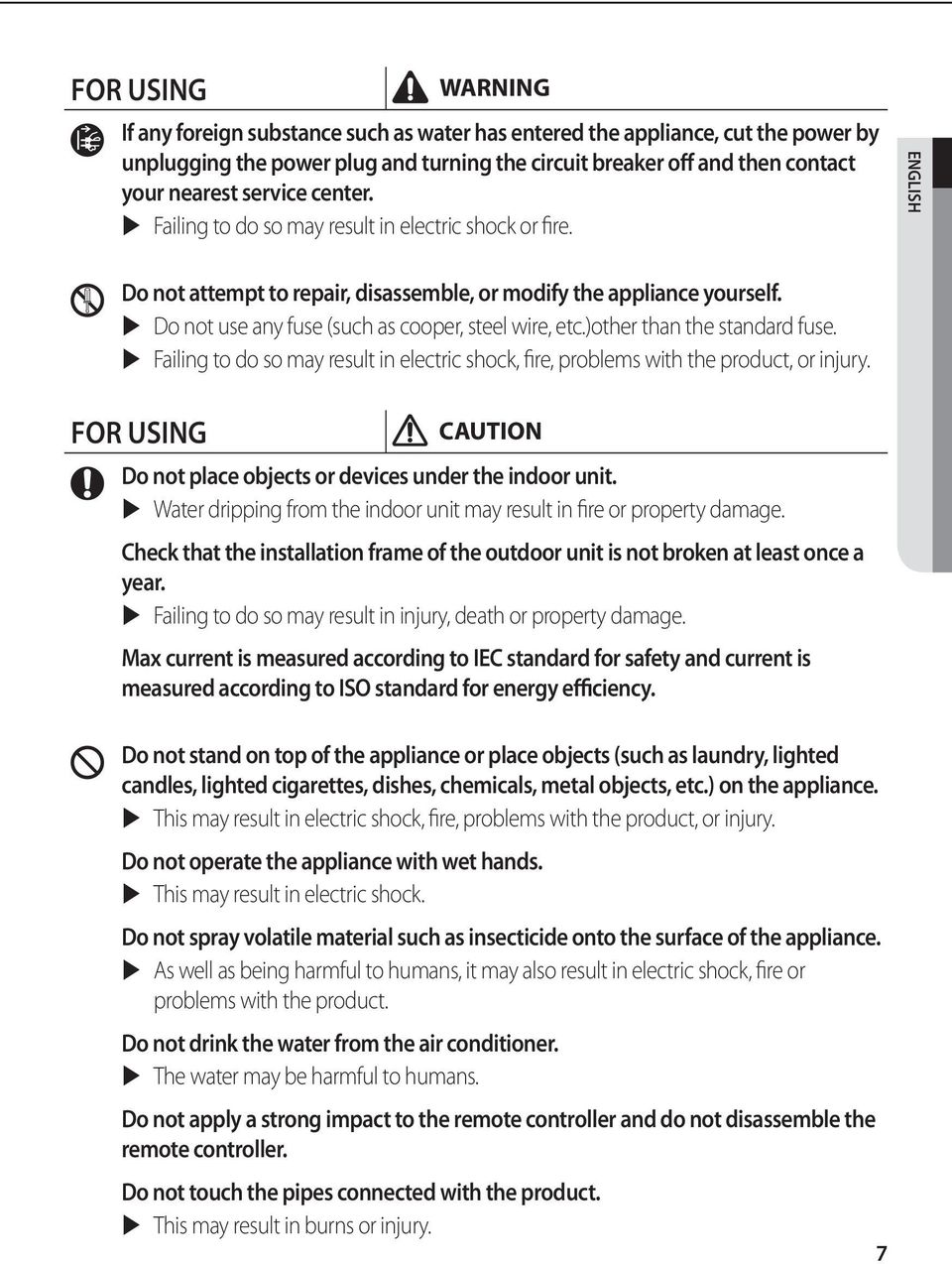 Do not use any fuse (such as cooper, steel wire, etc.)other than the standard fuse. Failing to do so may result in electric shock, fire, problems with the product, or injury.