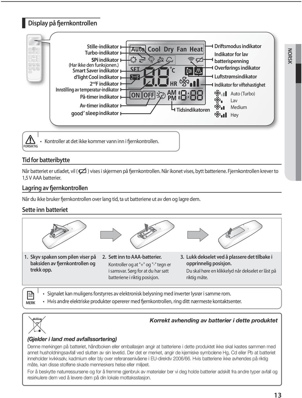 lav batterispenning Overførings indikator Luftstrømsindikator Indikator for viftehastighet Auto (Turbo) Lav Medium Høy NORSK FORSIKTIG Kontroller at det ikke kommer vann inn i fjernkontrollen.