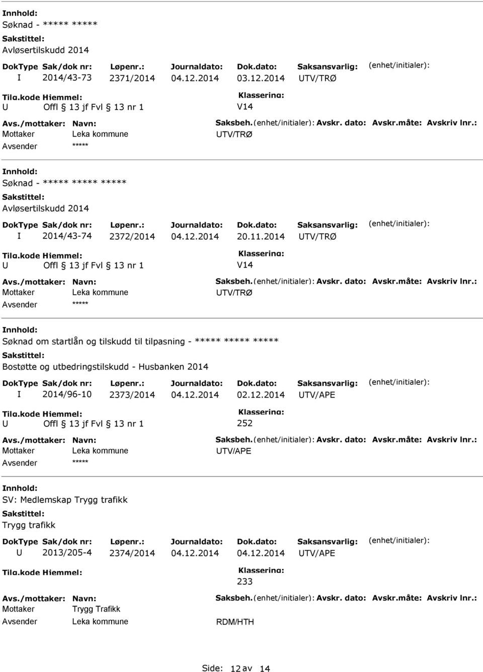 : TV/TRØ ***** Søknad om startlån og tilskudd til tilpasning - ***** ***** ***** Bostøtte og utbedringstilskudd - Husbanken 2014 2014/96-10 2373/2014 TV/APE 252 Avs.