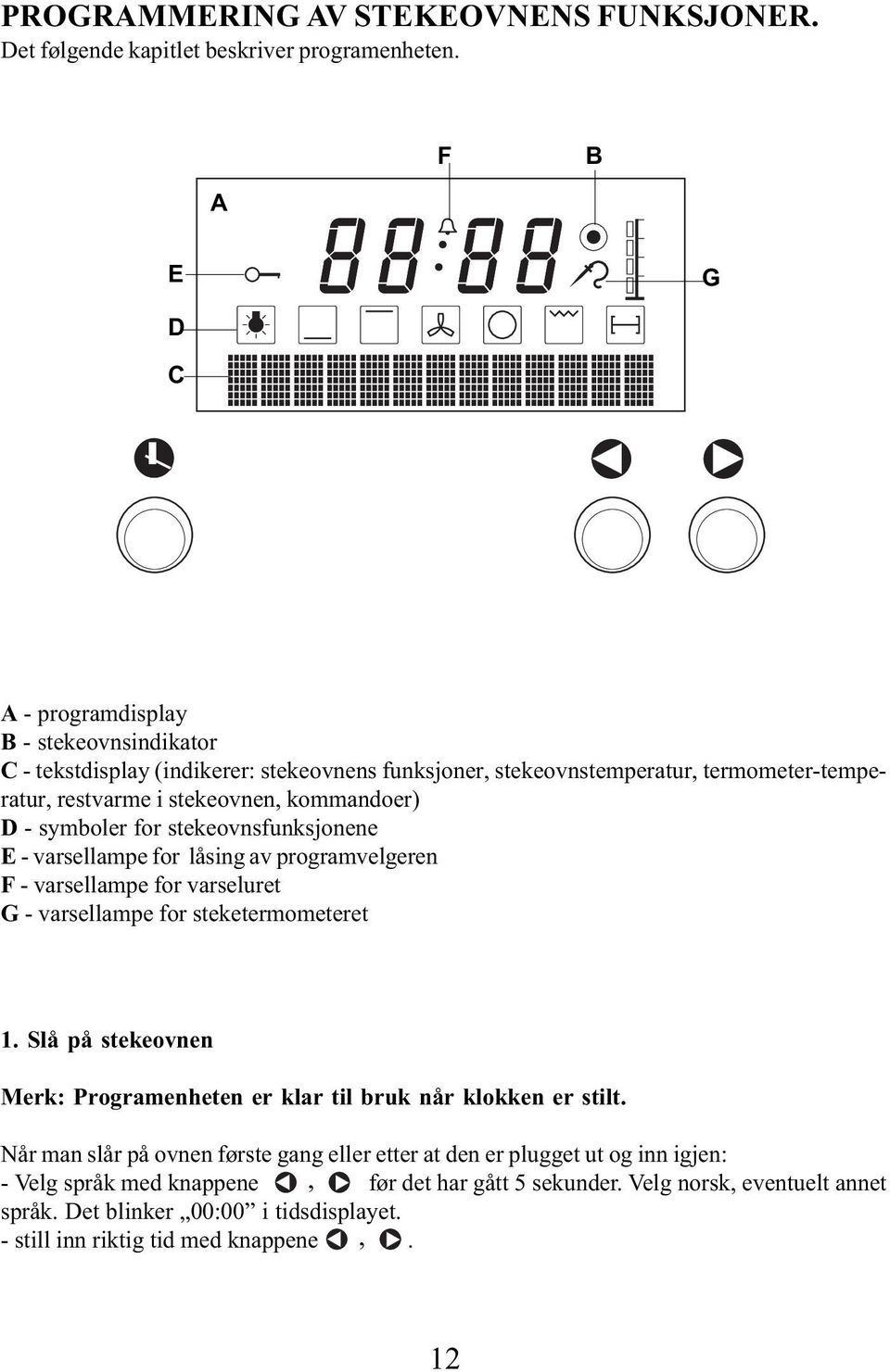 D - symboler for stekeovnsfunksjonene E - varsellampe for låsing av programvelgeren F - varsellampe for varseluret G - varsellampe for steketermometeret 1.