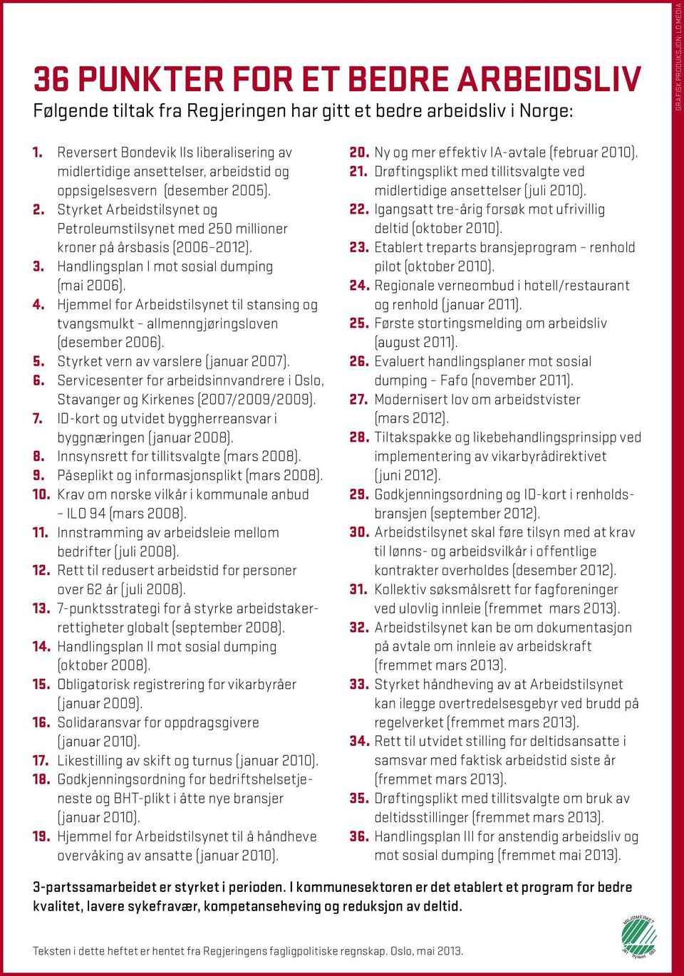 05). 2. Styrket Arbeidstilsynet og Petroleumstilsynet med 250 millioner kroner på årsbasis (2006 2012). 3. Handlingsplan I mot sosial dumping (mai 2006). 4.