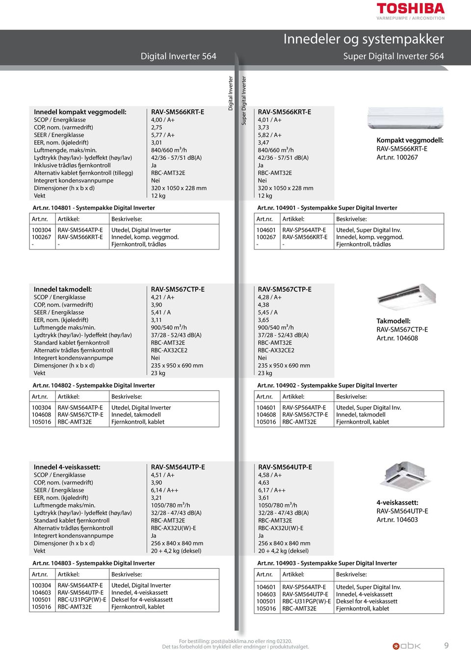 Digital Inverter RAV-SM566KRT-E 4,01 / A+ 3,73 5,82 / A+ 3,47 840/660 m³/h 42/36-57/51 db(a) 320 x 1050 x 228 mm 12 kg Kompakt veggmodell: RAV-SM566KRT-E Art.nr.