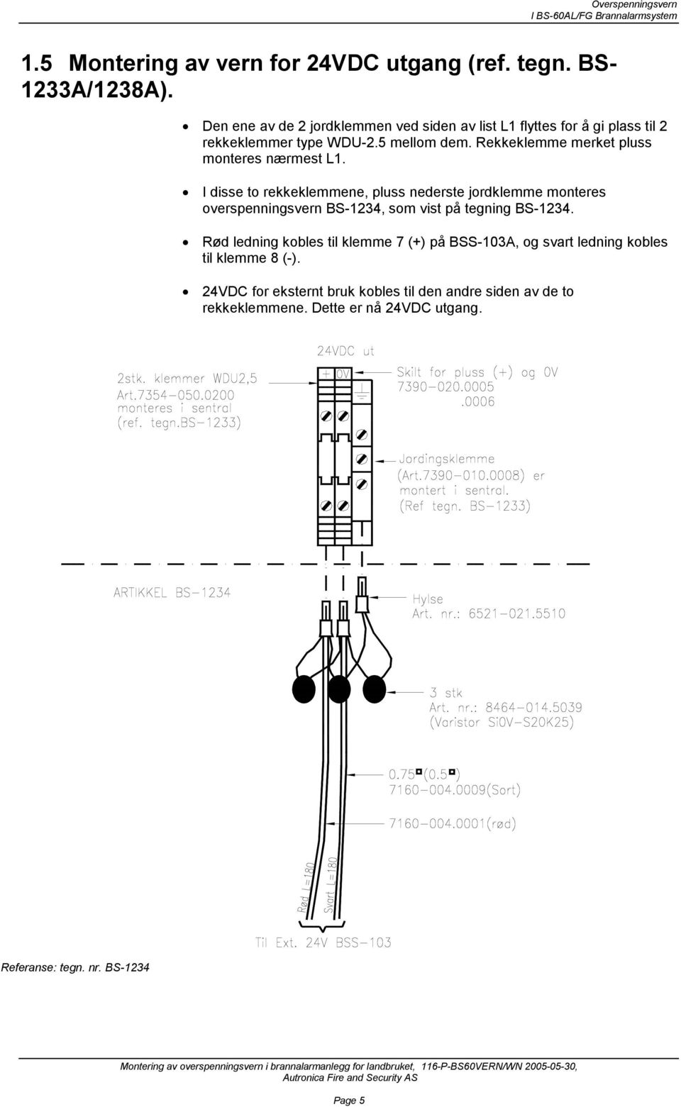 I disse to rekkeklemmene, pluss nederste jordklemme monteres overspenningsvern BS-1234, som vist på tegning BS-1234.