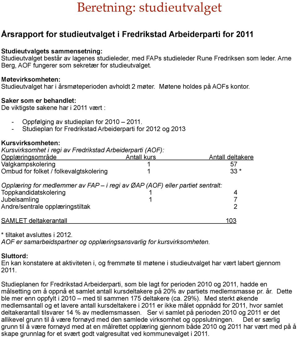 Saker som er behandlet: De viktigste sakene har i 2011 vært : - Oppfølging av studieplan for 2010 2011.