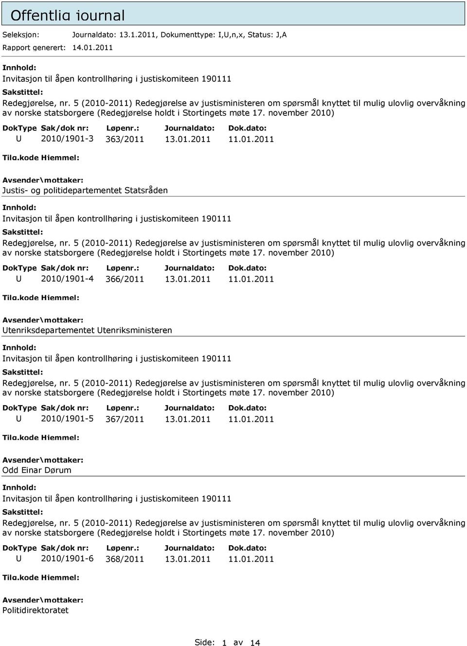 november 2010) 2010/1901-3 363/2011 Justis- og politidepartementet Statsråden nvitasjon til åpen kontrollhøring i justiskomiteen 190111 Redegjørelse, nr.