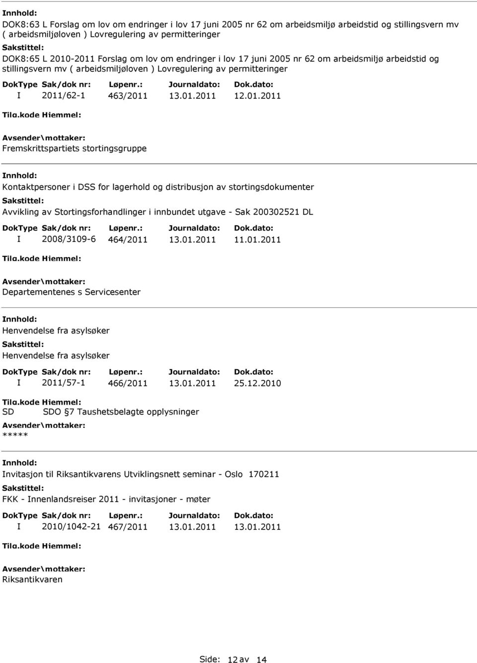 Kontaktpersoner i DSS for lagerhold og distribusjon av stortingsdokumenter Avvikling av Stortingsforhandlinger i innbundet utgave - Sak 200302521 DL 2008/3109-6 464/2011 Departementenes s