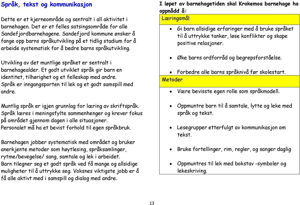 Utvikling av det muntlige språket er sentralt i barnehagealder. Et godt utviklet språk gir barn en identitet, tilhørighet og et felleskap med andre.