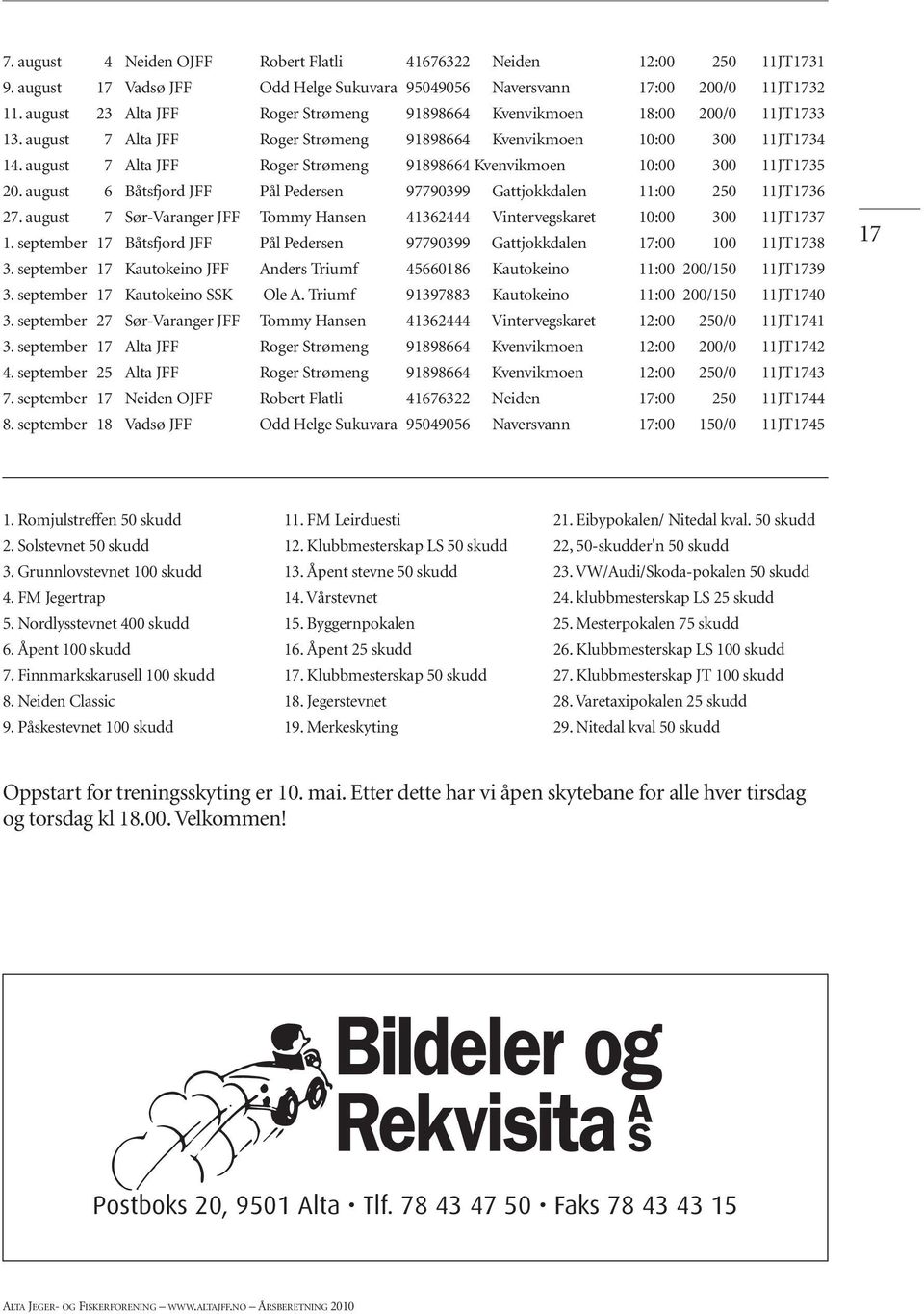 august 7 Alta JFF Roger Strømeng 91898664 Kvenvikmoen 10:00 300 11JT1735 20. august 6 Båtsfjord JFF Pål Pedersen 97790399 Gattjokkdalen 11:00 250 11JT1736 27.