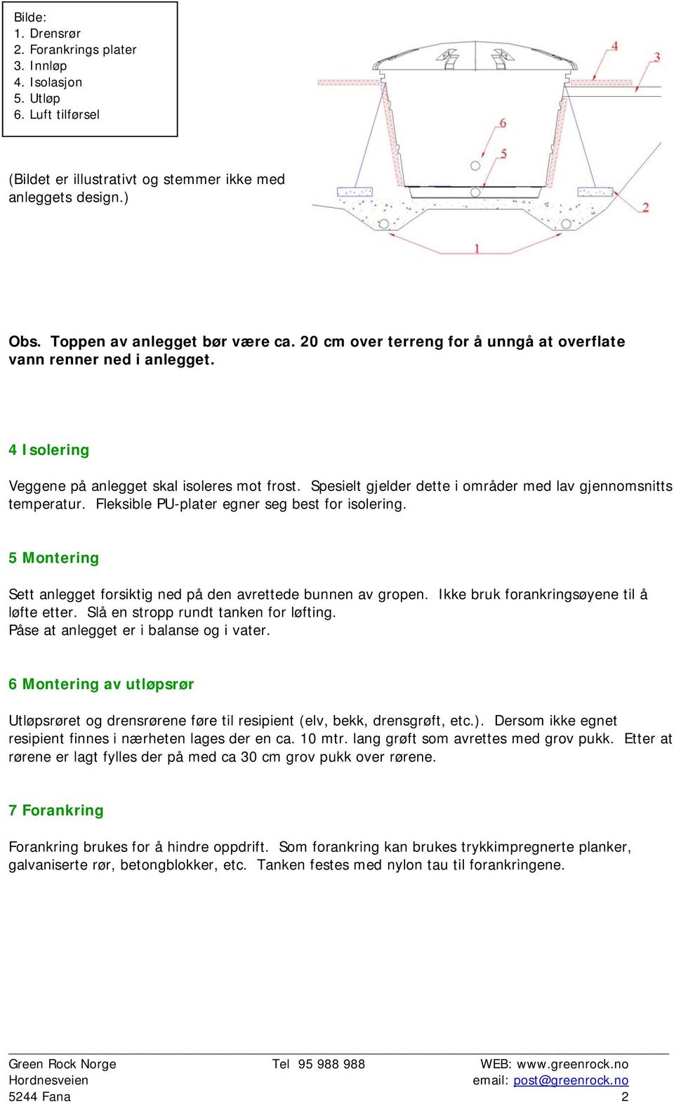 Fleksible PU-plater egner seg best for isolering. 5 Montering Sett anlegget forsiktig ned på den avrettede bunnen av gropen. Ikke bruk forankringsøyene til å løfte etter.