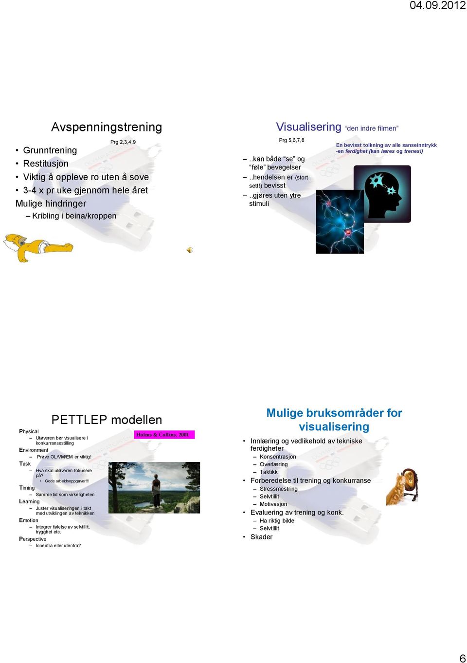 ) PETTLEP modellen Physical Utøveren bør visualisere i konkurransestilling Environment Prøve OL/VM/EM er viktig! Task Hva skal utøveren fokusere på? Gode arbeidsoppgaver!