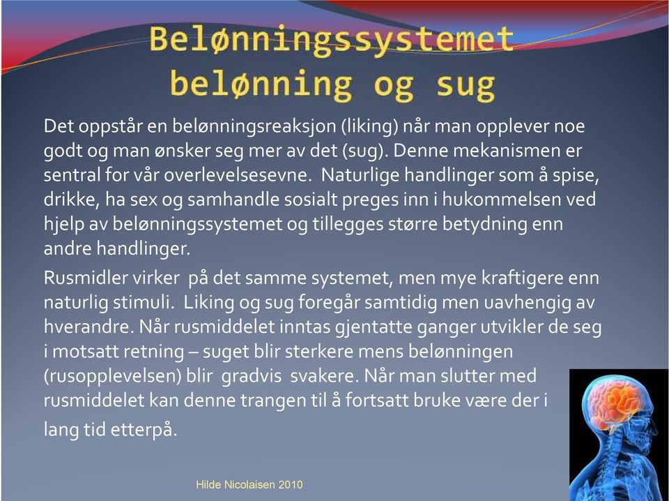 Rusmidler virker på det samme systemet, men mye kraftigere enn naturlig stimuli. Liking og sug foregår samtidig men uavhengig av hverandre.