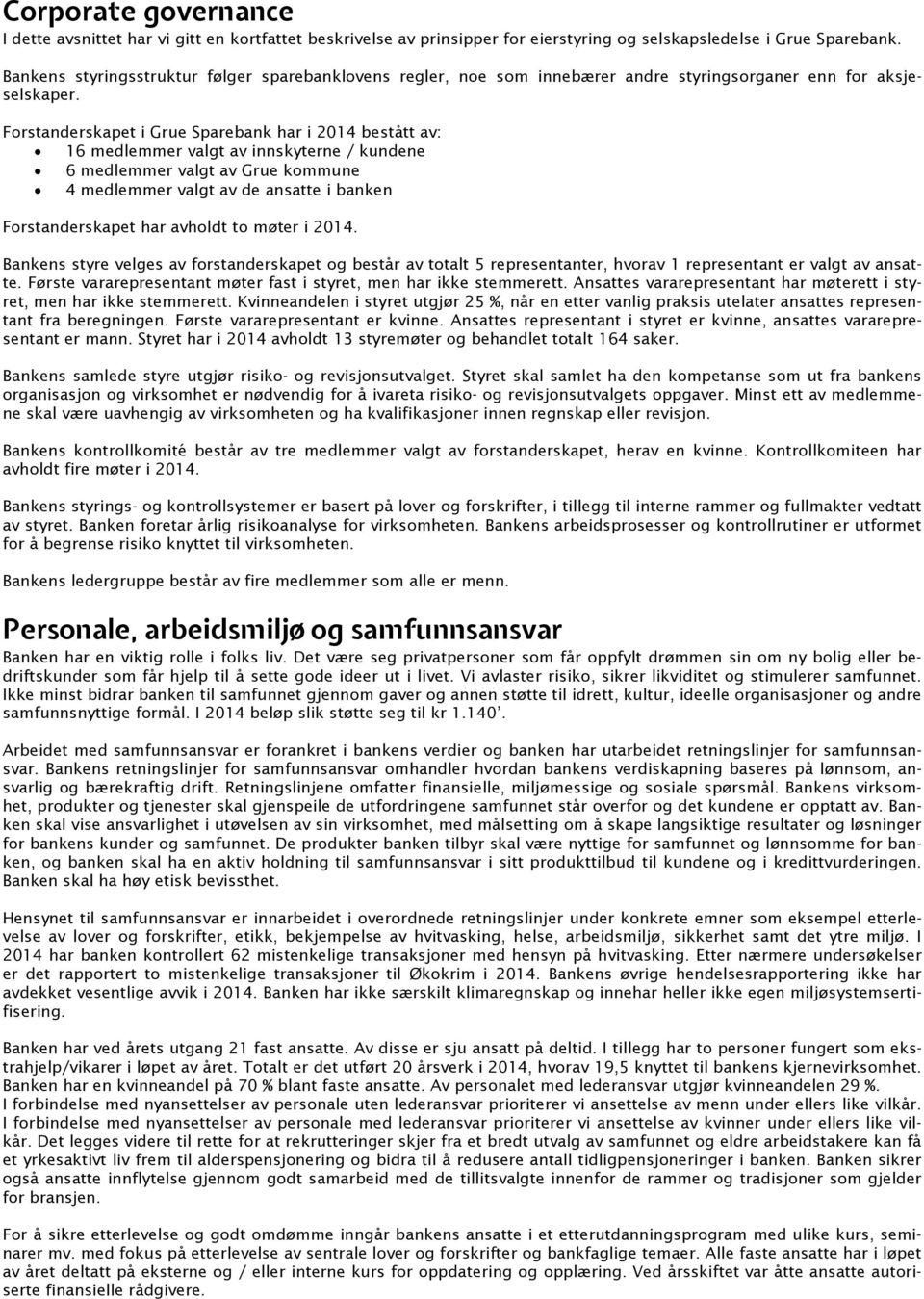 Forstanderskapet i Grue Sparebank har i 2014 bestått av: 16 medlemmer valgt av innskyterne / kundene 6 medlemmer valgt av Grue kommune 4 medlemmer valgt av de ansatte i banken Forstanderskapet har