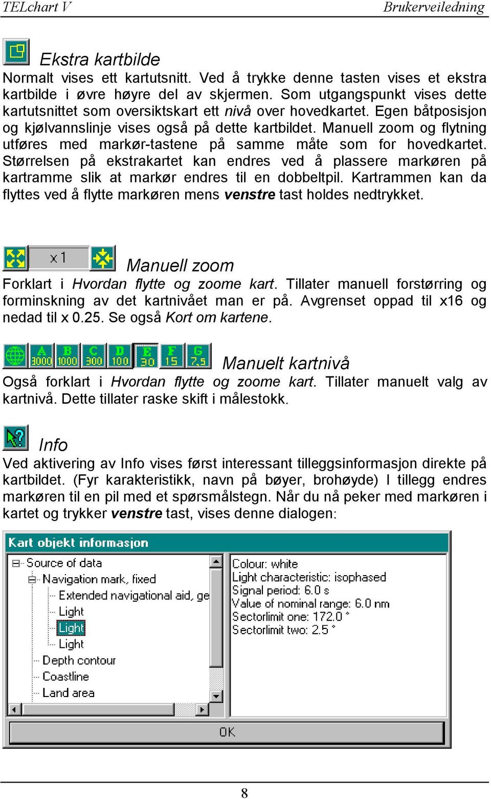 Manuell zoom og flytning utføres med markør-tastene på samme måte som for hovedkartet.