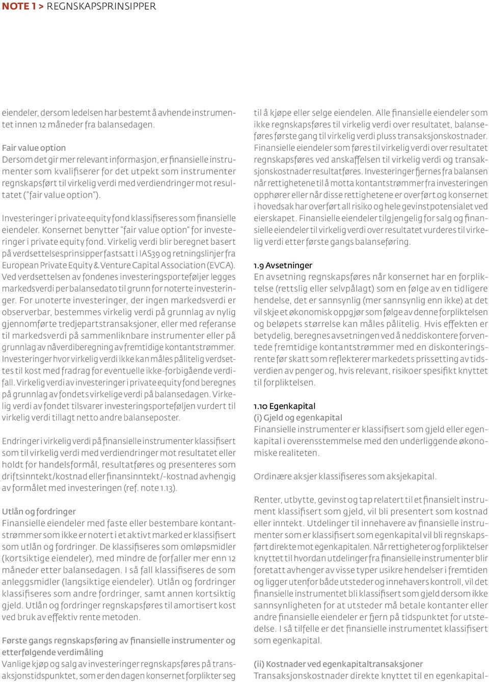 resultatet ( fair value option ). Investeringer i private equity fond klassifiseres som finansielle eiendeler. Konsernet benytter fair value option for investeringer i private equity fond.