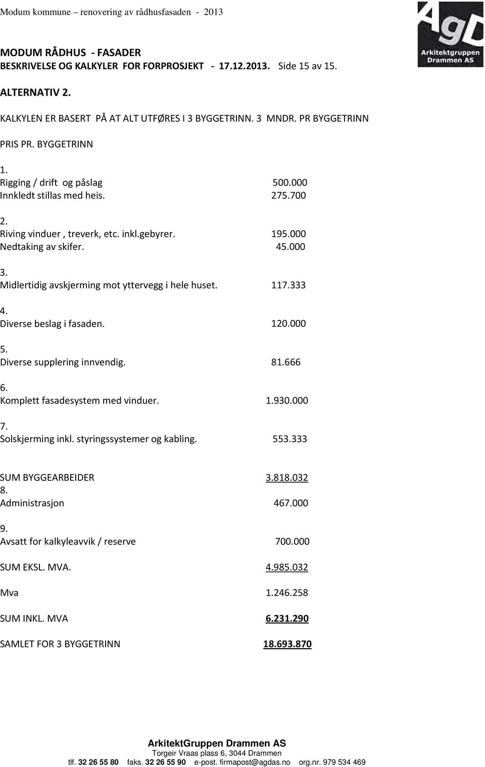 Midlertidig avskjerming mot yttervegg i hele huset. 117.333 4. Diverse beslag i fasaden. 120.000 5. Diverse supplering innvendig. 81.666 6. Komplett fasadesystem med vinduer. 1.930.000 7.