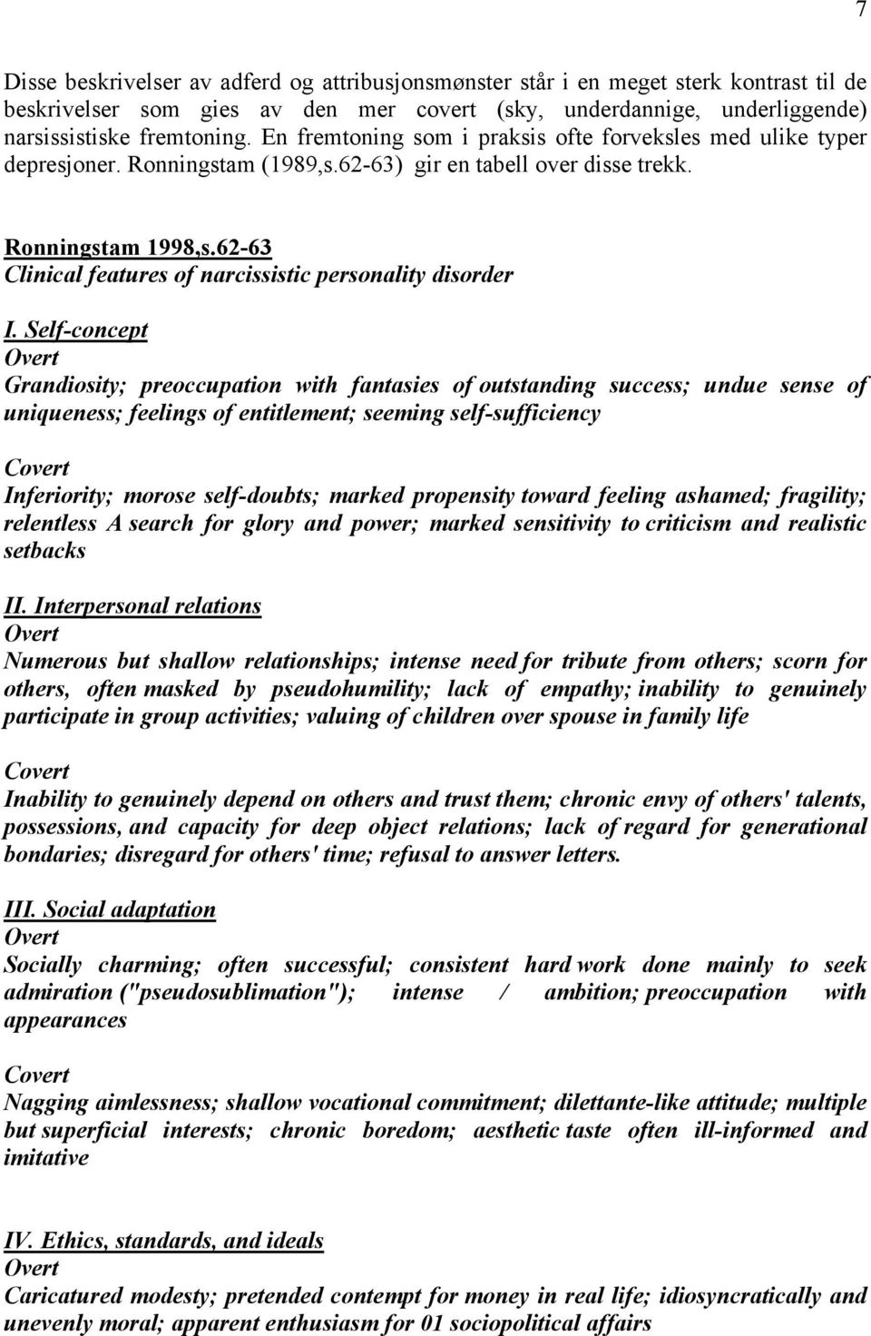 62-63 Clinical features of narcissistic personality disorder I.