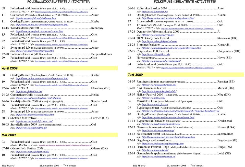 19.00)... Asker 22-28 Folkemusikkseilas (MS Finnmarken)... Bergen-Kirkenes 29 Folkedanskveld (Nordahl Bruns gate 22, kl. 19.30)... Oslo April 2009 08 OnsdagsDansen (Seminarplassen, Gamle Festsal, kl.