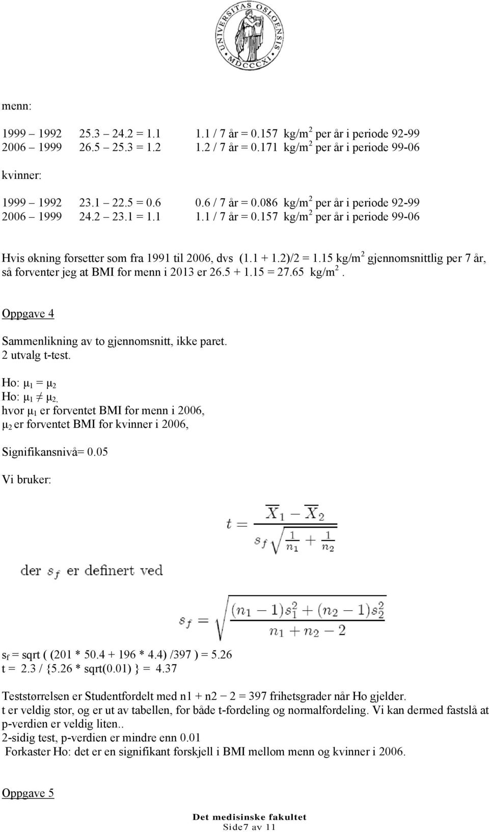 15 kg/m 2 gjennomsnittlig per 7 år, så forventer jeg at BMI for menn i 2013 er 26.5 + 1.15 = 27.65 kg/m 2. Oppgave 4 Sammenlikning av to gjennomsnitt, ikke paret. 2 utvalg t-test.